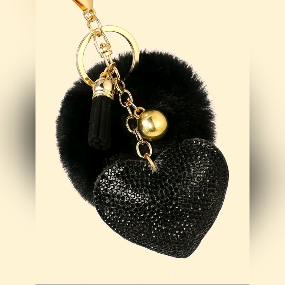 Black Rhinestone Heart ๐ค Pom Pom Keychain NWOT - Picture 3 of 3